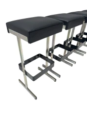 Four Mid-Century Modern Bar Stools with Black Leather Seats, 1970s